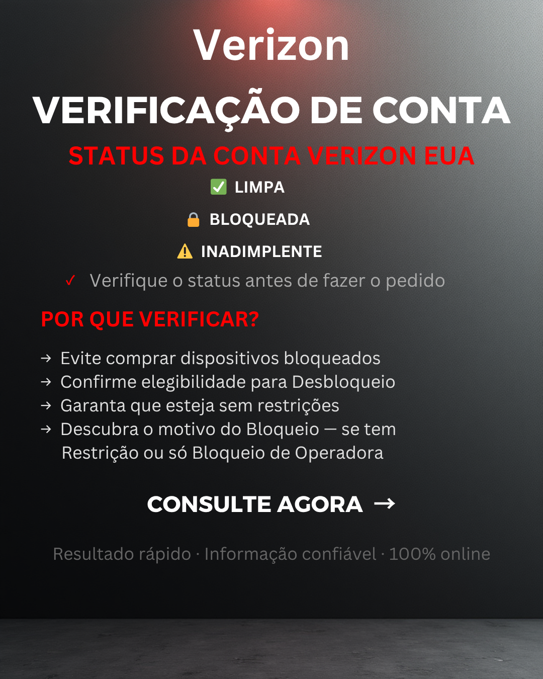 Status da conta Verizon EUA: Limpa/Bloqueada/Inadimplente - Verifique antes de fazer o pedido